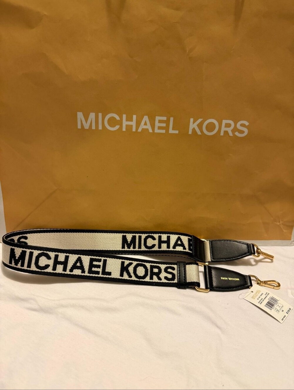 Michael Kors Black and White Logo Webbing Strap with Gold Hardware